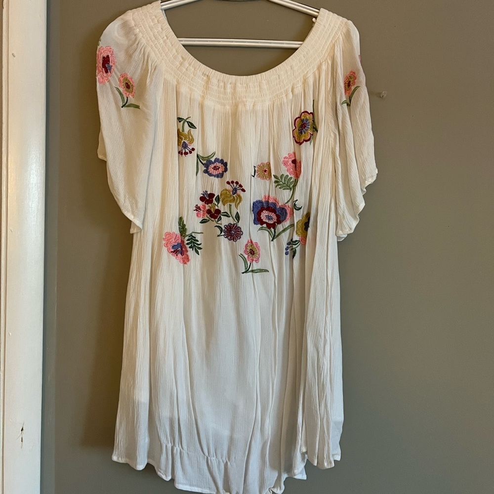 Off the shoulder floral embroidered mini dress